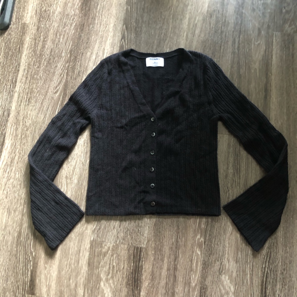 Old Navy Textured Bouclé Button-Down Cardigan Sweater Black XS Bell Sleeve
